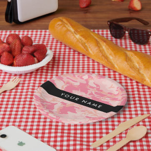 Plato De Papel Patrón de camuflaje rosa, tu nombre, personalizabl