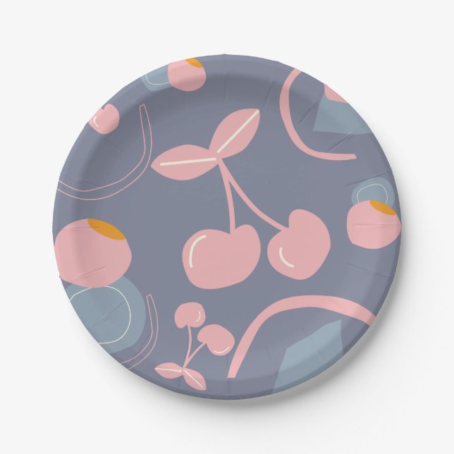 PLATO DE PAPEL PATRÓN DE CEREZA GRIS (Anverso)