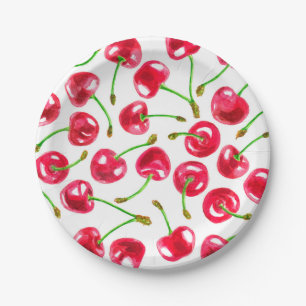 Plato De Papel Patrón de cerezas de color agua