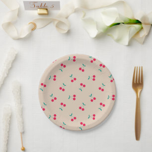 Plato De Papel Patrón de cerezas estético de cerezas Beige