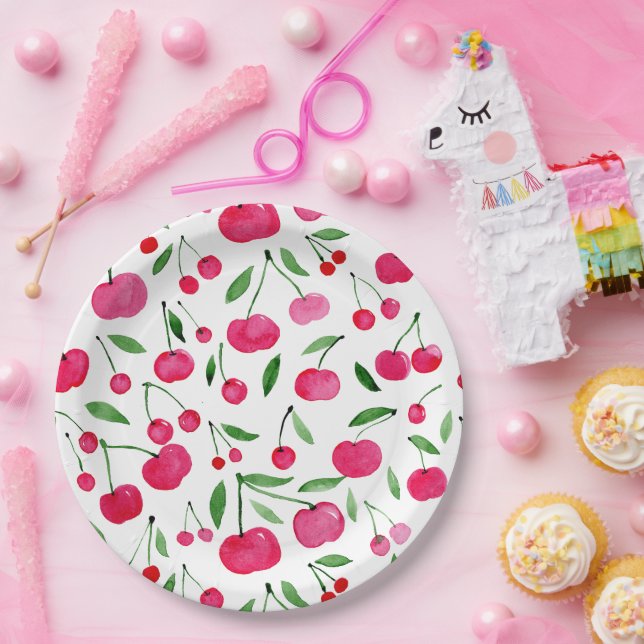Plato De Papel Patrón de cerezas rojas de acuarela pura (Fiesta)