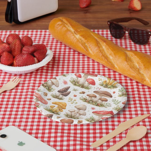 Plato De Papel Patrón de champiñones caprichosos, diseño inspirad (Picnic)