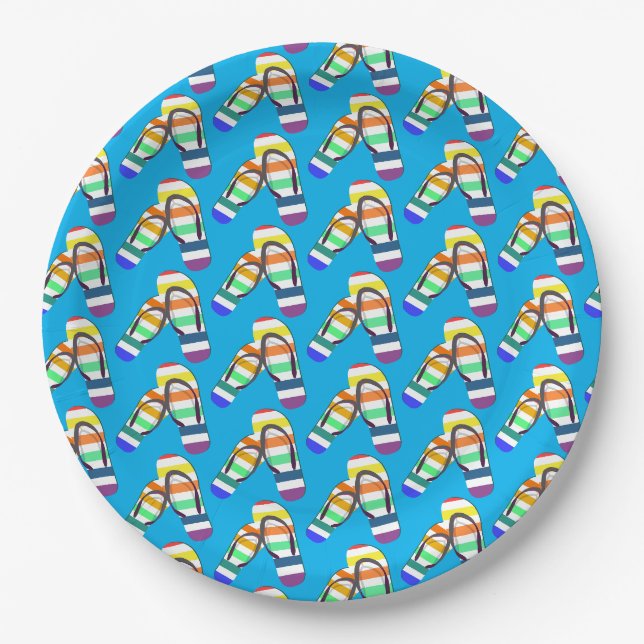Plato De Papel patrón de chanclas de verano de arcoíris (Anverso)