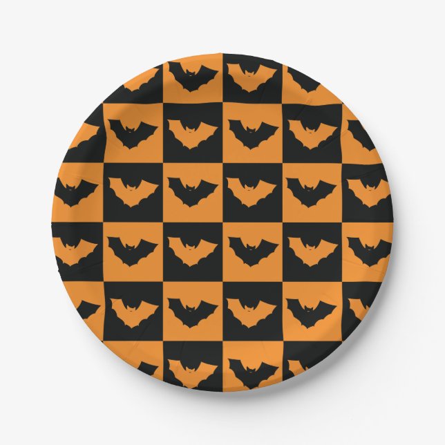 Plato De Papel Patrón de cheques de Halloween con bates (Anverso)