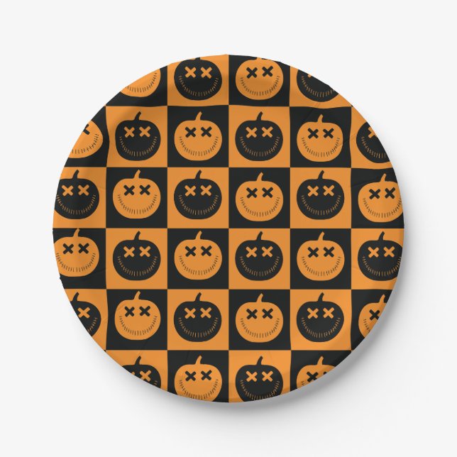 Plato De Papel Patrón de cheques de Halloween con calabazas (Anverso)