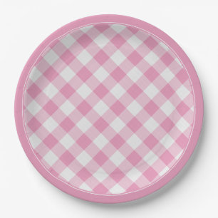 Plato De Papel Patrón de cheques rosados/blancos de Gingham de f