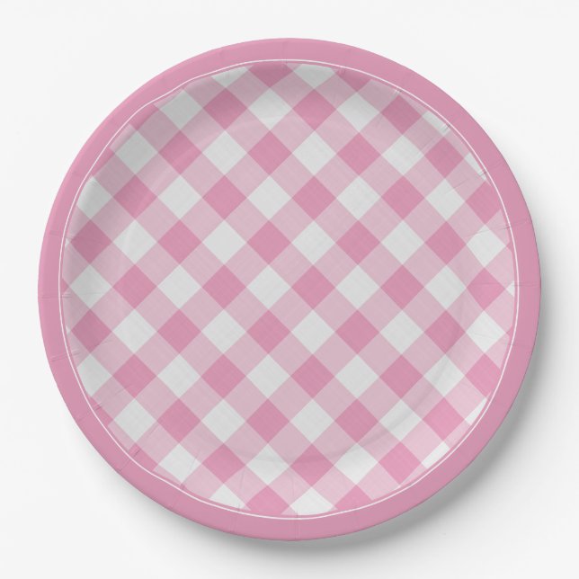 Plato De Papel Patrón de cheques rosados/blancos de Gingham de fá (Anverso)