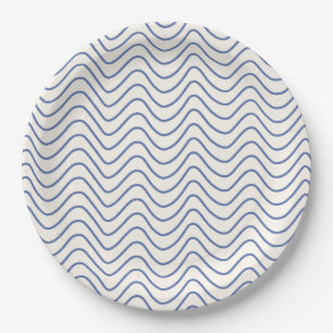 Plato De Papel Patrón de cheurón Línea mínima azul en blanco crem