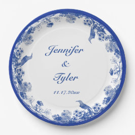 Plato De Papel Patrón de China floral azul y blanca con pájaro