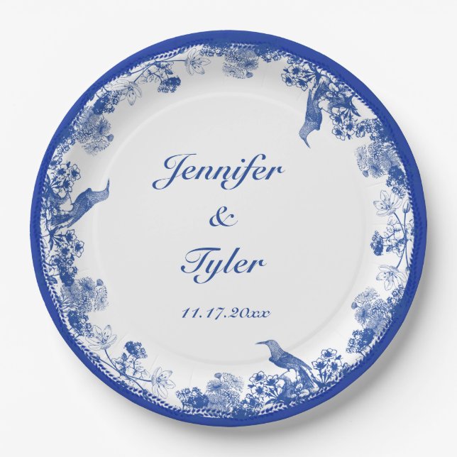 Plato De Papel Patrón de China floral azul y blanca con pájaro (Anverso)