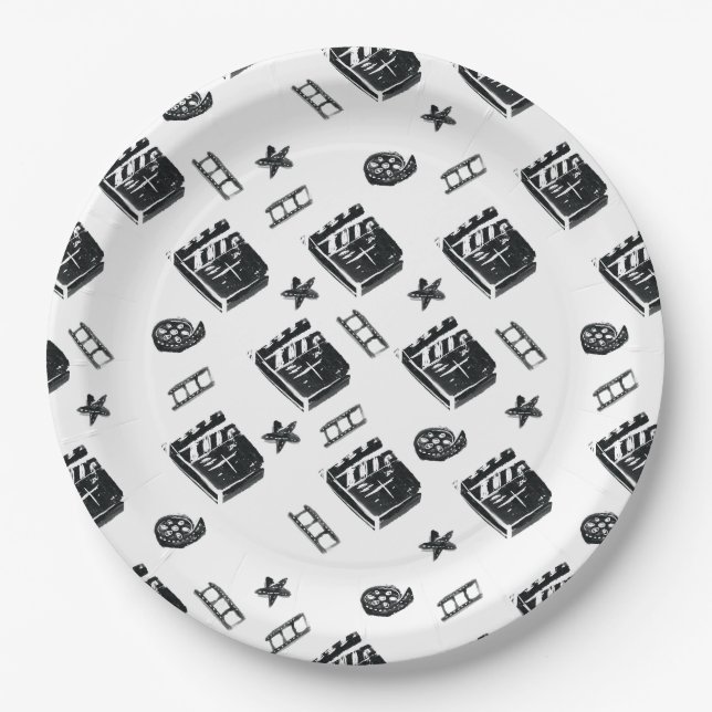 Plato De Papel Patrón de ciak con símbolos de cine y tablero de c (Anverso)