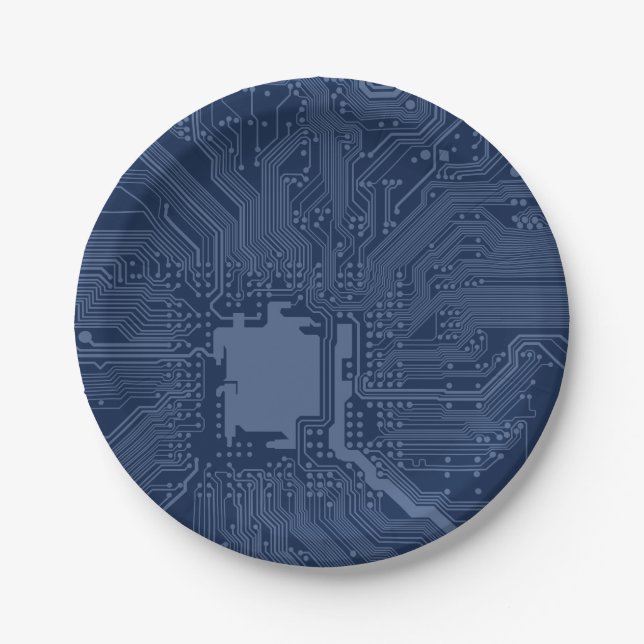 Plato De Papel Patrón de circuito de la tarjeta madre azul geek (Anverso)