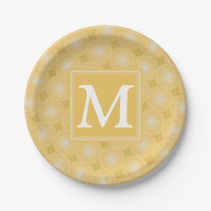 Plato De Papel Patrón de círculos amarillos monograma