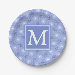 Plato De Papel Patrón de círculos azules de monograma