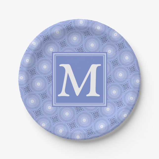 Plato De Papel Patrón de círculos azules de monograma (Anverso)