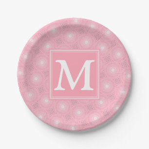 Plato De Papel Patrón de círculos rosados monograma