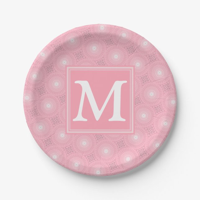 Plato De Papel Patrón de círculos rosados monograma (Anverso)