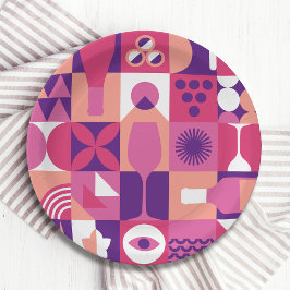 Plato De Papel Patrón de cóctel Retro Pink Purple Wine Bauhaus