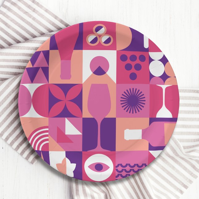 Plato De Papel Patrón de cóctel Retro Pink Purple Wine Bauhaus (Subido por el creador)