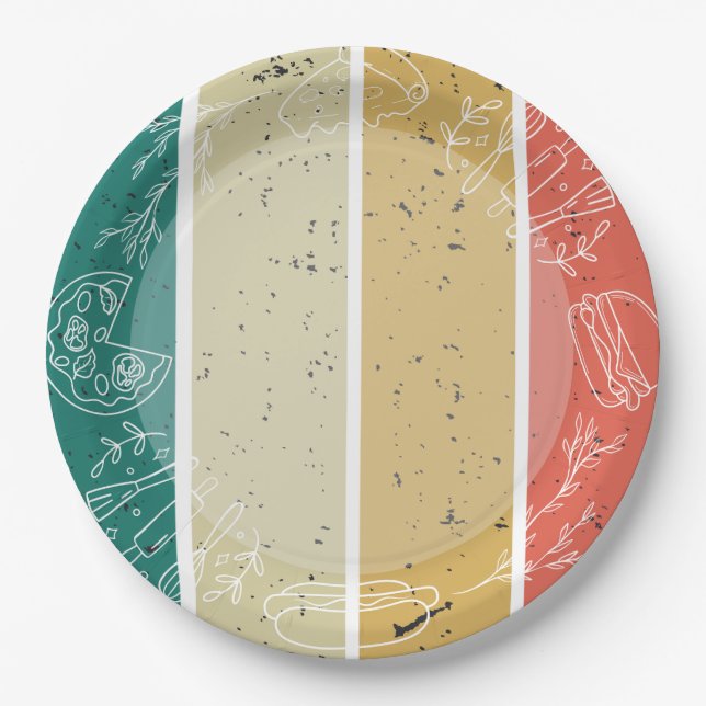 Plato De Papel Patrón de comida rápida de rayas retro (Anverso)