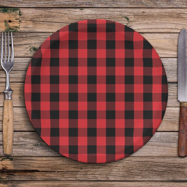Plato De Papel Patrón de comprobación de búfalo de vacaciones de  (Simple rustic red and black buffalo check pattern minimalist paper plate. )
