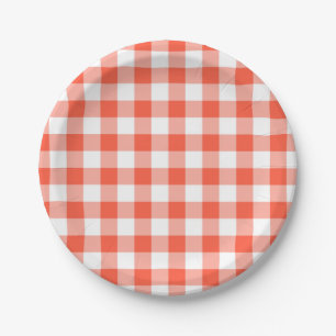 Plato De Papel Patrón De Comprobación De Gingham Blanco Y Naranja