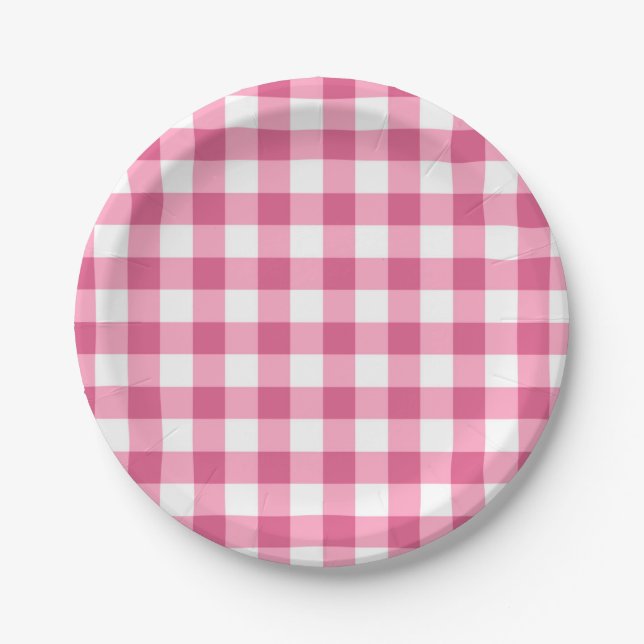 Plato De Papel Patrón De Comprobación De Gingham Blanco Y Rosa (Anverso)