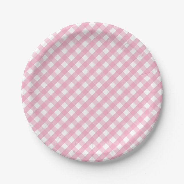 Plato De Papel Patrón de comprobación de Gingham rosa (Anverso)