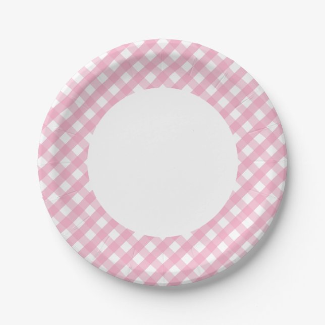 Plato De Papel Patrón de comprobación de Gingham rosa 2 (Anverso)