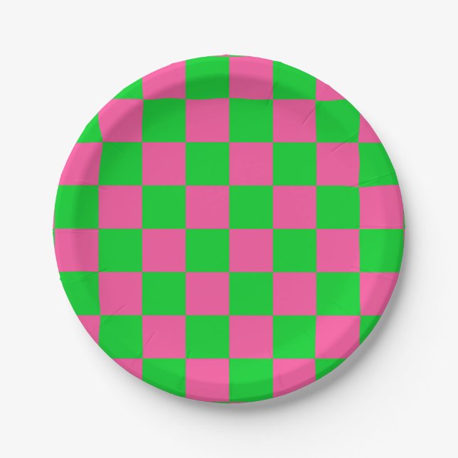 Plato De Papel Patrón de comprobación verde rosa (Anverso)