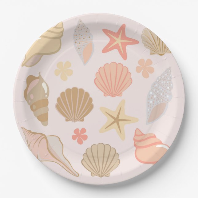 Plato De Papel Patrón de Conchas de Mar Rosadas (Anverso)