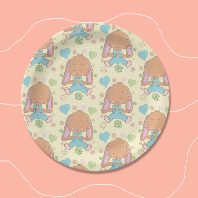 Plato De Papel Patrón de conejito blanco Placa de papel redondo a (Cute watercolor bunny pattern yellow round paper plates .)