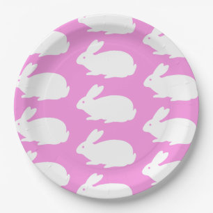 Plato De Papel Patrón de conejito blanco sobre rosa