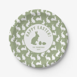 Plato De Papel Patrón de conejo verde y blanco Feliz Pascua