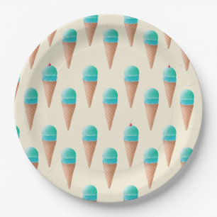 Plato De Papel Patrón de cono de crema de hielo azul, amarillo cl