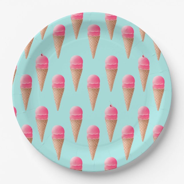 Plato De Papel Patrón de cono de helado de fresa rosa (Anverso)