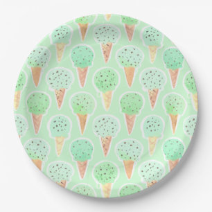 Plato De Papel Patrón de cono de helado de menta y chips