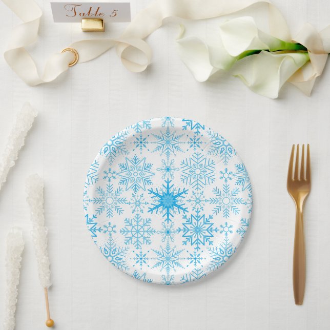 Plato De Papel Patrón de copo de nieve azul (Boda)