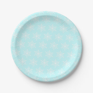 Plato De Papel patrón de copo de nieve azul helado de Navidad