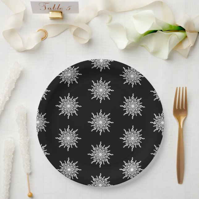 Plato De Papel Patrón de copo de nieve con clave de sol en blanco (Boda)