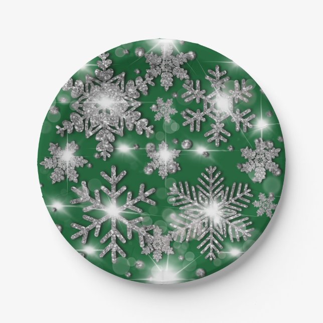 Plato De Papel Patrón de copo de nieve festivo verde plateado Pur (Anverso)