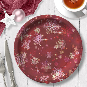Plato De Papel Patrón de copos de nieve más bonito rojo ID846