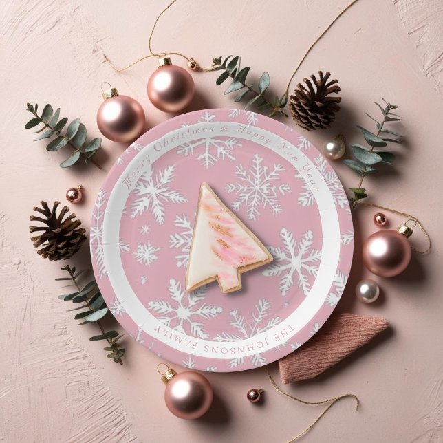 Plato De Papel Patrón de copos de nieve rosa moderno de época (Vintage Modern Pink Snowflakes pattern Paper Plates)