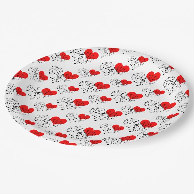 Plato De Papel Patrón de corazón cantante. Red Hearts, Black Note (Angular)