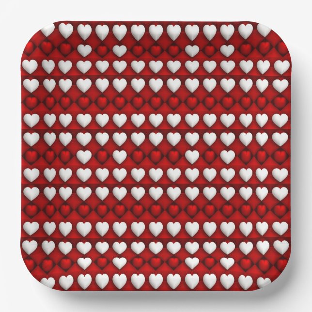 Plato De Papel Patrón de corazón rojo y blanco (Anverso)