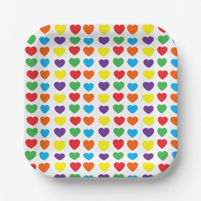 Plato De Papel Patrón de Corazones Arcoíris (Anverso)