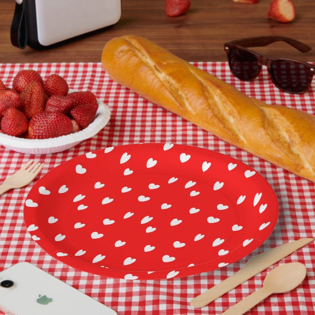 Plato De Papel Patrón de corazones blancos en rojo (Picnic)