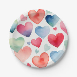 Plato De Papel Patrón de corazones de color agua