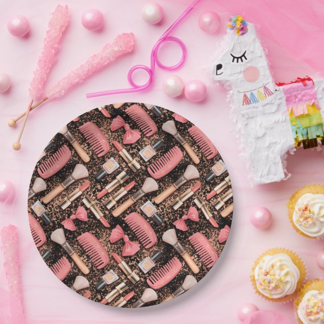 Plato De Papel Patrón de Cosméticos Rosa Brillante  (Fiesta)