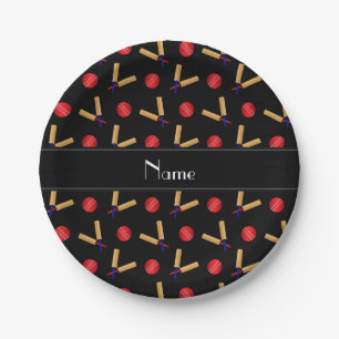 Plato De Papel Patrón de críquet negro con nombre personalizado
